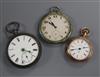 A 1930's? 925 and shagreen cased open face pocket watch, a silver pocket watch and a gold plated pocket watch.                         