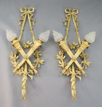 A pair of early 20th century Louis XVI style ormolu wall lights, width 1ft 10in. height 4ft 2in.                                       