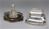 A silver mounted inkwell and a silver mounted inkstand with glass bottle and stopper.                                                  