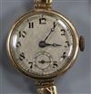 A lady's early 20th century 9ct gold manual wind wrist watch.                                                                          