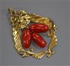 A 14k yellow metal and coral set drop pendant, 44mm.                                                                                   