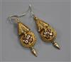 A pair of Victorian yellow metal gem set drop earrings, 43mm.                                                                          