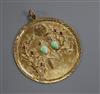 A Chinese 14k yellow metal, jade and gem set disc pendant, 43mm.                                                                       