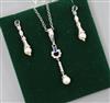 A modern suite of 9ct white gold, sapphire, diamond and cultured pearl jewellery, comprising earrings and pendant necklace.            