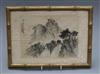 A 19th century Chinese hand painting on silk of a mountain scene, faux bamboo frame                                                    
