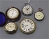 Four assorted pocket watches including verge, together with a cased barometer.                                                         