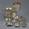 Three silver vestas, a modern cylindrical box, a Russian silver kiddush cup, a mug and a trophy cup                                    