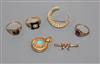 A William IV 18ct gold, black enamel and pearl set mourning ring and five other items including crescent brooch, locket etc.           