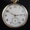 A Dennison case 18ct gold open face keyless lever pocket watch,                                                                        