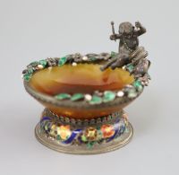 A 19th century Austro-Hungarian silver, green enamel and gem set mounted agate table salt                                              