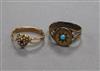 Two antique yellow metal gem set rings, including heart shape with seed pearls.                                                        