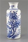 A Chinese blue and white cylindrical vase, Kangxi period, H. 26cm, drilled hole to side of the base                                    