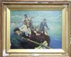 A Newlyn style oil on canvas board, fisherman off the coast, monogrammed, 45 x 60cm                                                    