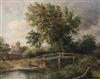 Norwich School Figures on a wooden bridge in a landscape, a castle beyond 14 x 17.25in.                                                