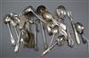 A small group of mixed silver flatware including two 19th century caddy spoons.                                                        