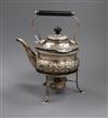 A late Victorian small silver tea kettle on stand with burner, Josiah Williams & Co, London, 1890, gross 19 oz.                        