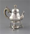 A 1980's Queen Anne style silver spirit kettle, on tripod stand with burner, by Rodney C. Pettit, gross 18 oz.                         