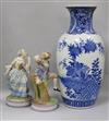 A Chinese blue and white vase and a pair of coloured bisque figures Vase height 46cm (a.f.)                                            