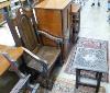 A 17th century style oak armchair and a square occasional table                                                                                                                                                             