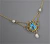 An early 20th century Art Nouveau 15ct, turquoise and baroque pearl set pendant necklace by Murrle Bennett & Co, pendant length 35mm   