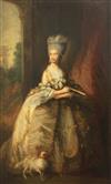 After Thomas Gainsborough (1727-1788) Portrait of Queen Charlotte with her spaniel 23.5 x 15in.                                        