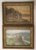 M. Braun (German School), pair of oils on board, Lodge beside a lake and Hilltop Castle, 10 x 15cm, one signed                                                                                                              