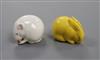 A Royal Worcester figure of a yellow rabbit and another of a white mouse, early 20th century, H. 3.5cm                                 