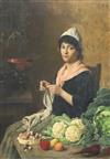 19th Century English School Interior with woman knitting and vegetables on a table top 15 x 11in.                                      