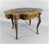 A 19th century Louis XV style marquetry, ebony and kingwood centre table, W.4ft 4in. D.2ft 9in. H.2ft 7in.                             