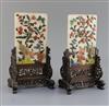 A pair of Chinese hardstone and coral table screens with hongmu stands, early 20th century, Total height 27cm                          