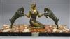 An Art Deco patinated spelter model of a girl with two goats, onyx base, length 52cm                                                   