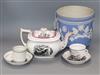 A 19th century blue jasper jardiniere, a bat printed teapot and cover, a cup and saucer and saucer and Newhall coffee can (6)          