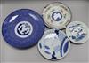 A Japanese Blue & White Plate, 2 others & a polychrome plate D.22cm                                                                    