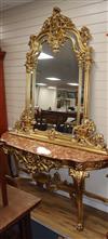 A Louis XV style carved giltwood marble topped console table W.175cm                                                                   