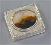 An early Victorian silver and agate mounted square vinaigrette, by Edward Smith, gross 38 grams.                                       