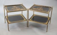 A pair of French brass and chinoiserie black lacquered two tier occasional tables, W.1ft 10in. D.1ft 7in. H.1ft 11in.                  