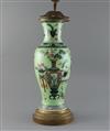 A Chinese 'Hundred Antiques' lime green ground vase, 19th century, converted to a lamp, overall H.51.5cm                               