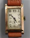 A gentleman's 1930's 9ct gold rectangular cased manual wind wrist watch.                                                               