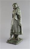 Louis Henri Nicot (1878-1944). A bronze figure of a Flemish woman holding an umbrella, 16in.                                           