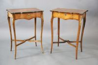 A pair of Louis XVI style ormolu mounted marquetry work tables, W.1ft 9in. D.1ft 3in. H.2ft 6in.                                       