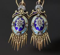 A pair of Italian 19th century style 14k gold (stamped 585), rose cut diamond and two colour enamel set oval tassel drop earrings,     