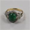 A yellow metal, cabochon emerald and white sapphire? cluster ring, size K.                                                             