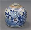 A 19th century Chinese blue and white jar height 17cm (lacking cover)                                                                  