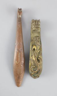 A Chinese archaistic silver and copper inlaid bronze belt hook and a bronze 'chilong' belt hook, 18th/19th century,                    