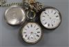 Three assorted silver pocket watches including a hunter.                                                                               