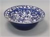 A 19th century Chinese white slip decorated blue ground basin diameter 34cm                                                            