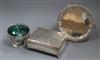 A George V Irish silver sugar basket, Dublin, 1918, a silver cigarette box and a silver salver.                                        