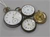 An 18ct gold fob watch, two other fob watches and a pocket watch.                                                                      