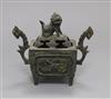 A Chinese Archaistic rectangular bronze censer cover, and stand, 19th/20th century, H.16cm                                             