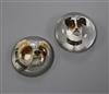 Two domed circular Essex crystals, each decorated with the head of a dog. 29mm.                                                        